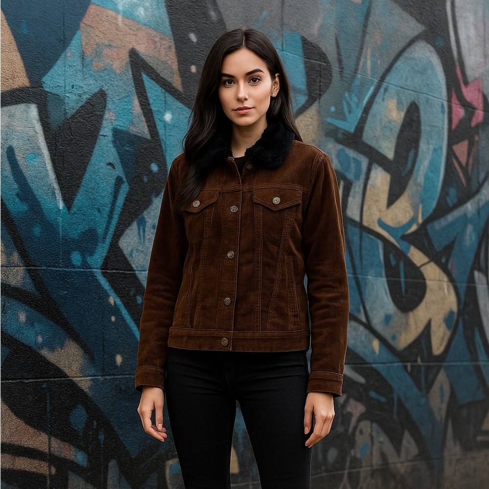 Y2K Barn Trucker Brown Corduroy Jacket with Black Faux Fur Collar Size XL - Picture 11 of 12